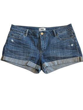 PAIGE Dark Blue Rolled Hem Denim Shorts